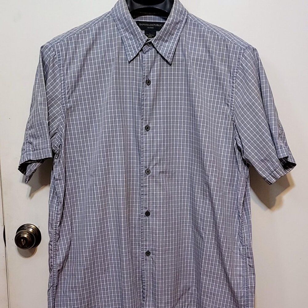 Banana Repulbic Mens Short Sleeve Shirt Gray and White Check Sz M 100% Cotton